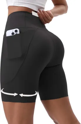 Women's Workout Running Shorts Side Pockets High Waist Tummy Control Butt Lifting Shorts Athletic Gym Shorts