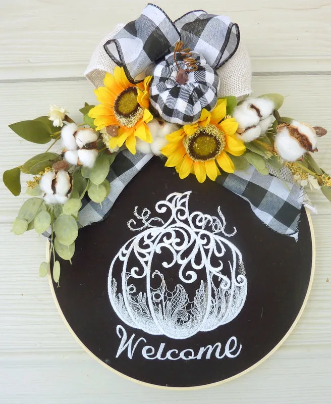 Wood hoop wreath, farmhouse decor, welcome sign, Buffalo Plaid Farmhouse wreath, pumpkin wreath