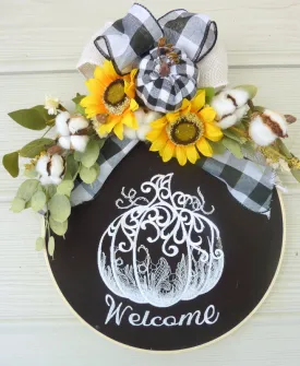 Wood hoop wreath, farmhouse decor, welcome sign, Buffalo Plaid Farmhouse wreath, pumpkin wreath