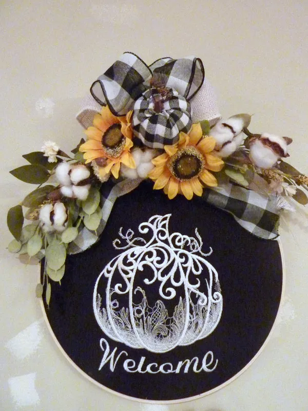Wood hoop wreath, farmhouse decor, welcome sign, Buffalo Plaid Farmhouse wreath, pumpkin wreath