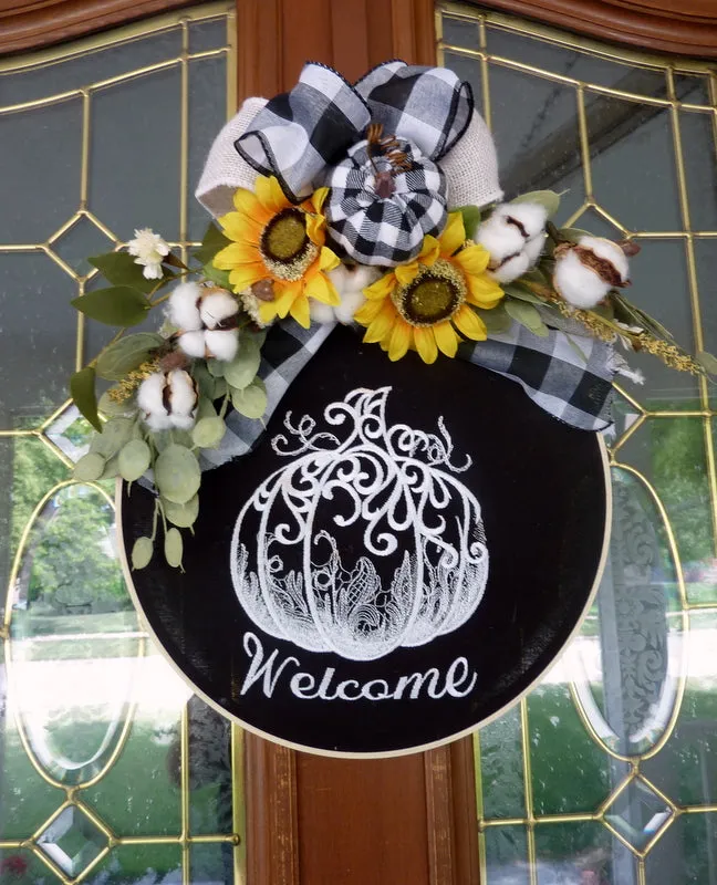 Wood hoop wreath, farmhouse decor, welcome sign, Buffalo Plaid Farmhouse wreath, pumpkin wreath