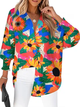 Zeagoo Womens Button Down Shirts Loose Fit Striped Printed Lantern Long Sleeve Blouses Smocked Cuff Business Work Fall Tops